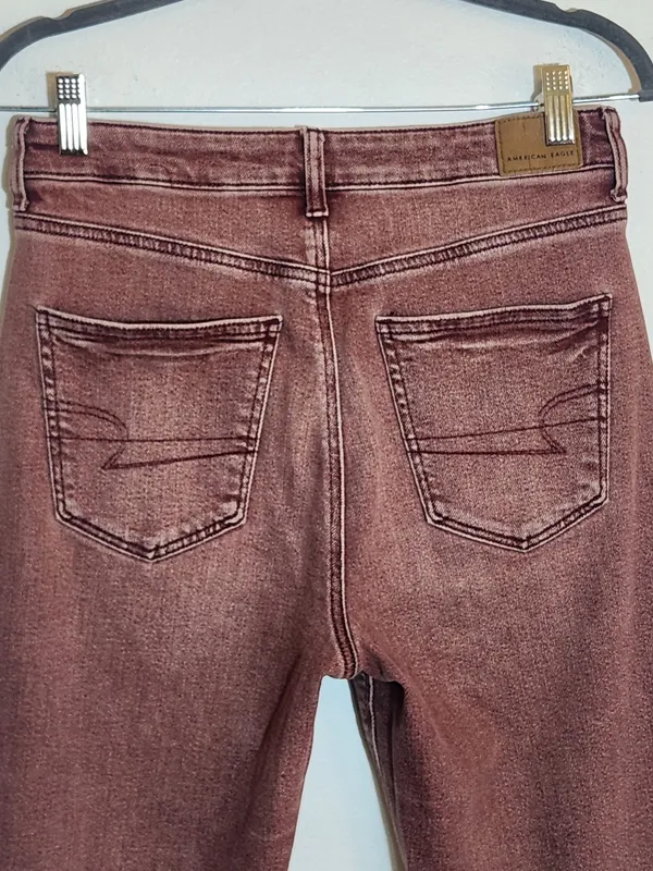 American Eagle Burgundy Pink Dyed Distressed Jeans Size 8 Long - Image 5
