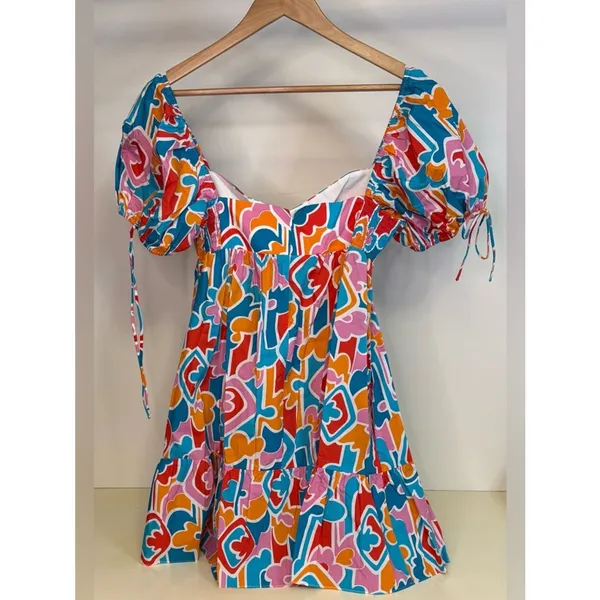 NWT Amanda Uprichard Sicily Miami Blue Multicolor Puff-Sleeve Mini Dress -Med - Image 4