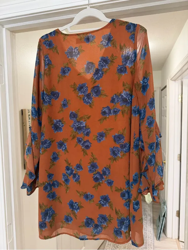 Altar'd State Rust Orange Long-Sleeve Floral V-Neck Dress with Blue Flowers - Image 2