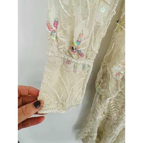 VTG Megere White Sequin Beaded‎ Dress M Long Sleeve Ruffle Hem Formal Wedding - Image 4