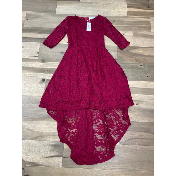 Anette NWT Small Red Wine Lace Dress High Low Hem Sheer Sleeves Lined - Image 6