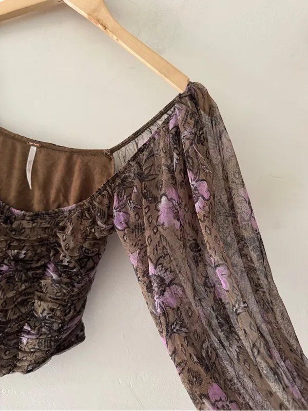 Free People Lilia Top‎ in Olive Combo Puff Sleeve - Image 4