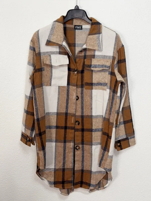 FME Camel Brown Plaid Longline Button Front High Low Shacket Jacket Size M - Image 2