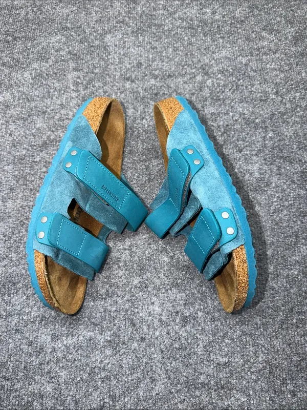 Birkenstock Double-Strap Nubuck-Suede Deep Turquoise Leather Slide Sandals - Image 6