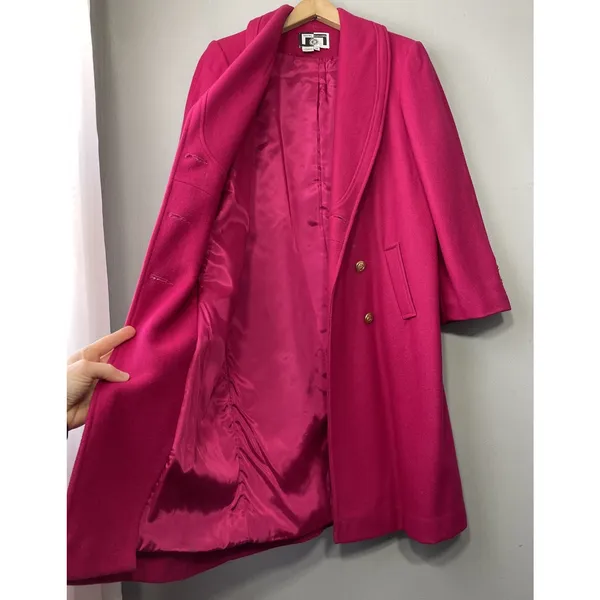 Vintage Fuchsia Pink Trench Coat Womens Size 14 Wool Double Breasted Glam 80s - Image 5