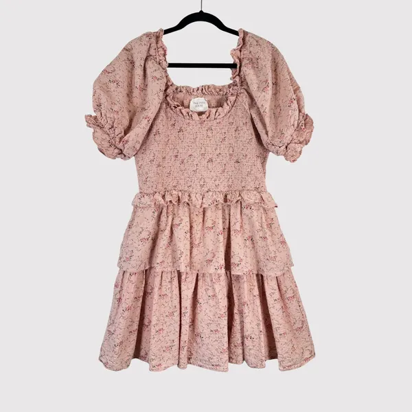 Hyacinth House Womens Dress Beige Mini Floral Smocked Ruffle Puffed A Line Large - Image 2