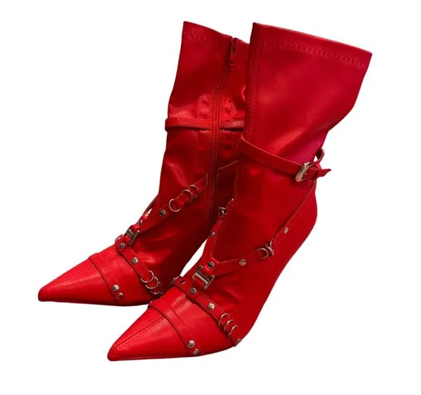 NWOT Dolls Kill Public Desire Red Vegan Leather Stiletto Ankle Booties Size 6 - Image 3