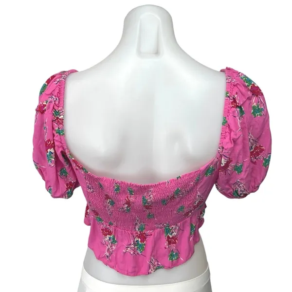 Zara Pink Floral Sweetheart Neck Short Puff Sleeve Smocked Blouse Crop Top Sz M - Image 2