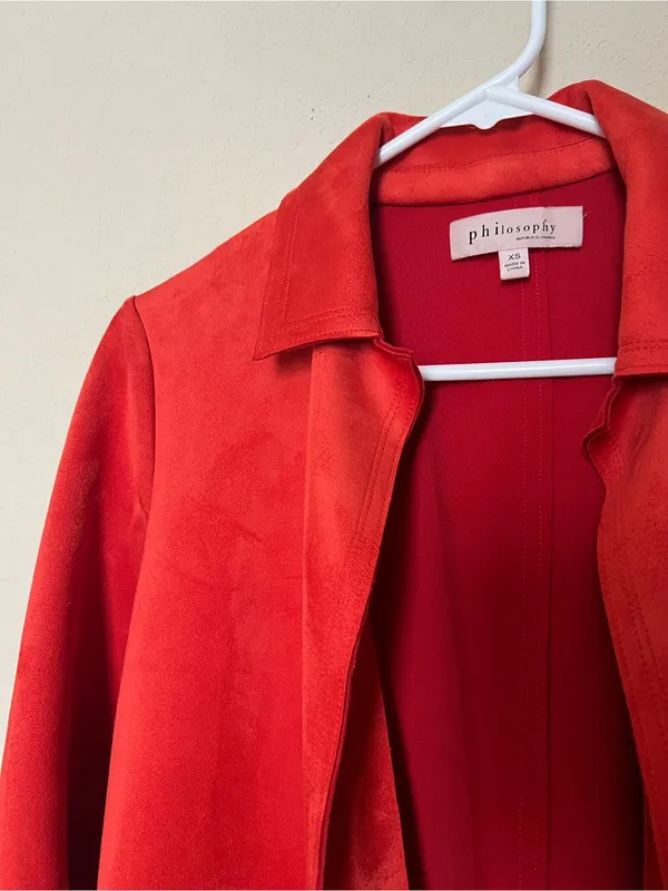 Philosophy Bold Red Suede Long Trench Coat - Image 3