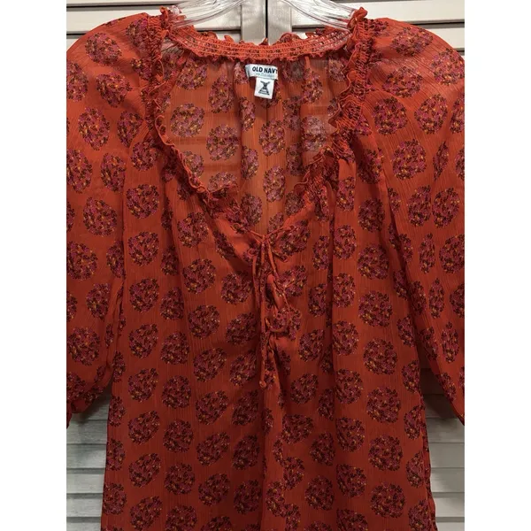 Old Navy Blouse Size‎ XS Orange/Purple Floral Tie/Smocked Neck 1/2 Puff Sl Sheer - Image 2