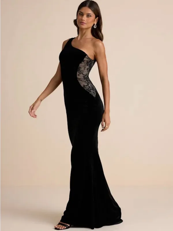 Lulus Razela Black Velvet Lace One-shoulder Maxi Dress - Size XS - Image 4