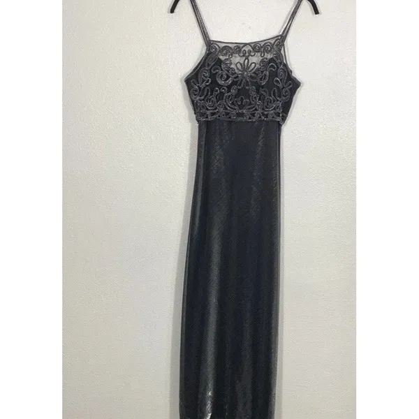 Dollar Black Embroidered Mesh Gown Scoop Neck Strappy Sleeveless Dress Medium - Image 3