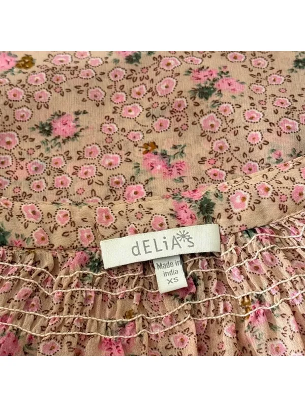 Pink Ditsy Floral Sheer Chiffon Smocked Dress XS Cottagecore Peasant Milkmaid - Image 5