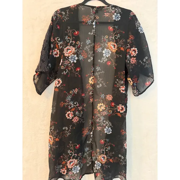 American‎ Eagle Floral Kimono Womens Medium Black Sheer Lace Trim Chiffon Wrap - Image 4