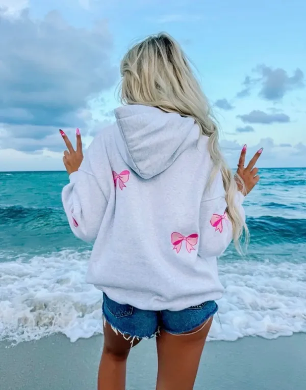 Sunkissed Coconut Light Grey Hoodie with Pink Bow Embroidery - Image 7