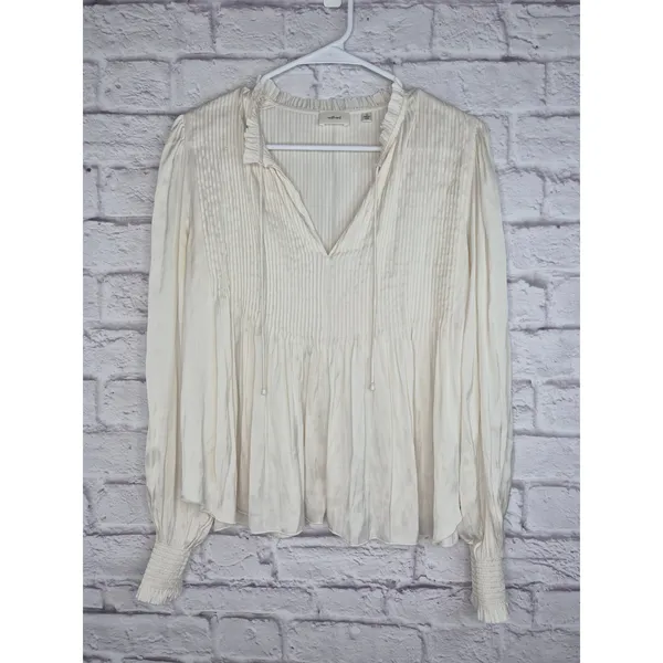Aritzia Wilfred Milou Blouse Plisse Satin Pin-Tuck Cream Birch Size S Coquette - Image 4