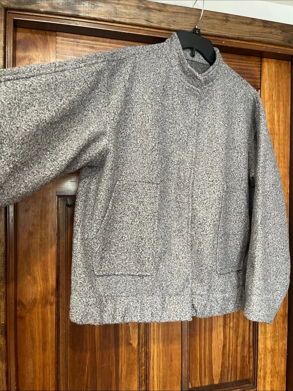 Grey Textured Boucle Tweed Oversized Funnel Neck Jacket Coat XL - Image 2