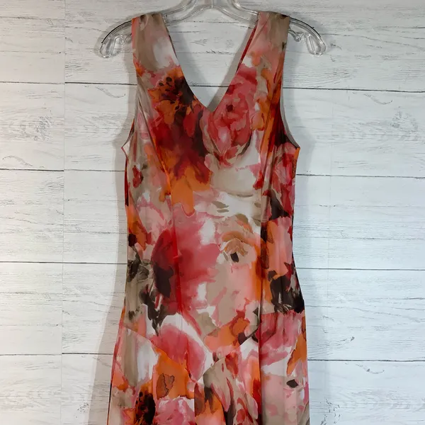 Dressbarn Y2K Chiffon Draped Midi Dress size 14 Pink Floral Silky 2000's - Image 11