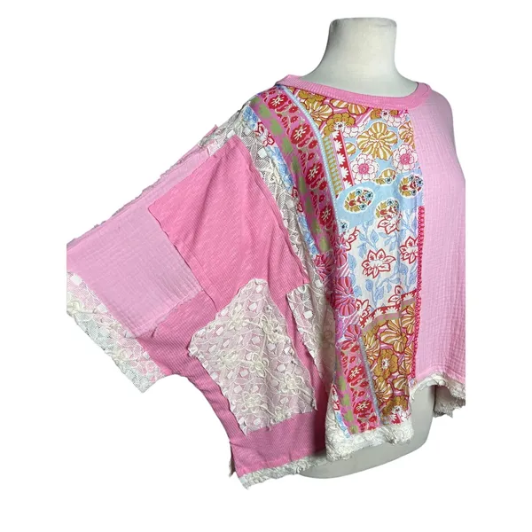 NWOT POL Boho Candy Pink Gauze and Mixed Floral Patchwork Poncho - Image 2