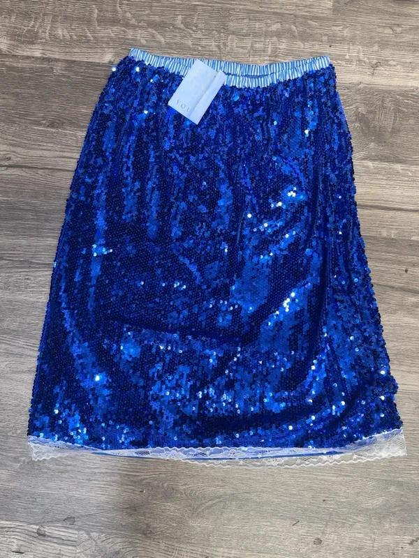 Yousify Royal Blue Sequin Midi Skirt Size S Lace Trim Stretch NWT - Image 2