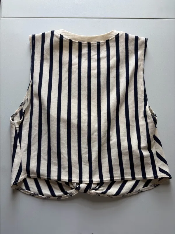 Zara Navy and Cream Striped Top Sz S - Image 3