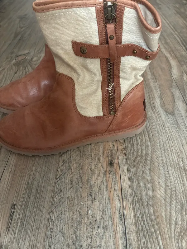 UGG Brown Leather and Cream Canvas Women's Ankle Boots - Image 4