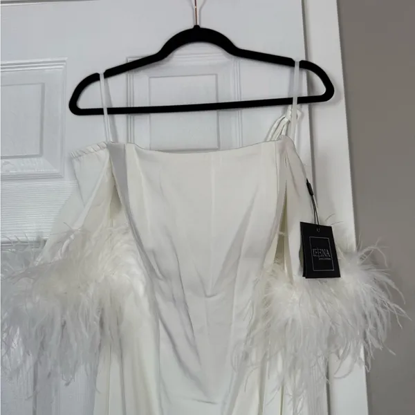 Mac Duggal Long Off Shoulder Feathers Formal Bridal Gown - Image 6