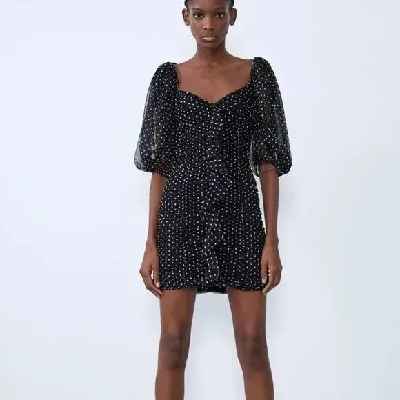 ZARA Chiffon Black Polka Dot Ruched Mini Dress Black Gray Party Blogger‎ Small - Image 13
