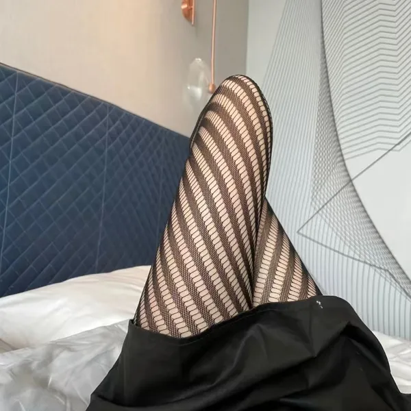 Striped Black Fishnet Tights, High Waist Hollow Out Mesh‎ Pantyhose One Size - Image 3