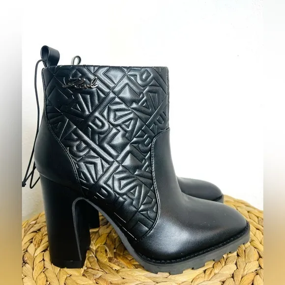NWT Karl Lagerfeld Boots Paris Petria Logo Quilted Square Toe Black Heeled Ankle - Image 2