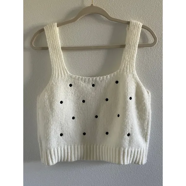 English Factory Polka Dot Knit Sweater Tank Cream with Black Sleeveless Large - Image 6