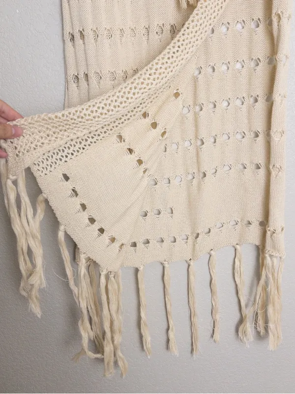 NWT [SET] Micas Knit Fringe Maxi Skirt M Beige Tassel Sheer Slit Bandeau Top - Image 7