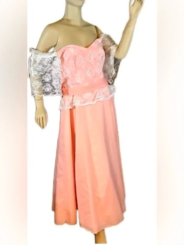Vintage Mid To Late 70'S Peach Off-The-Shoulder Lacey Party Dress (M) - Image 4
