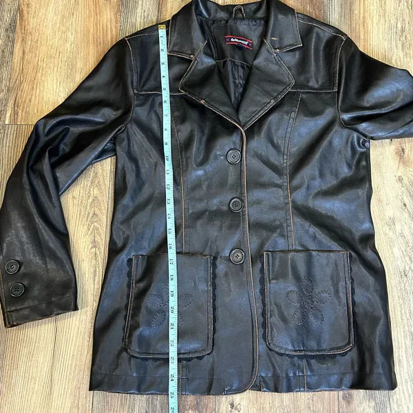American Vintage Y2K 90s Faux Leather Brown Pleather Jacket Boho Hippie Flower Lace Distressed - Image 10