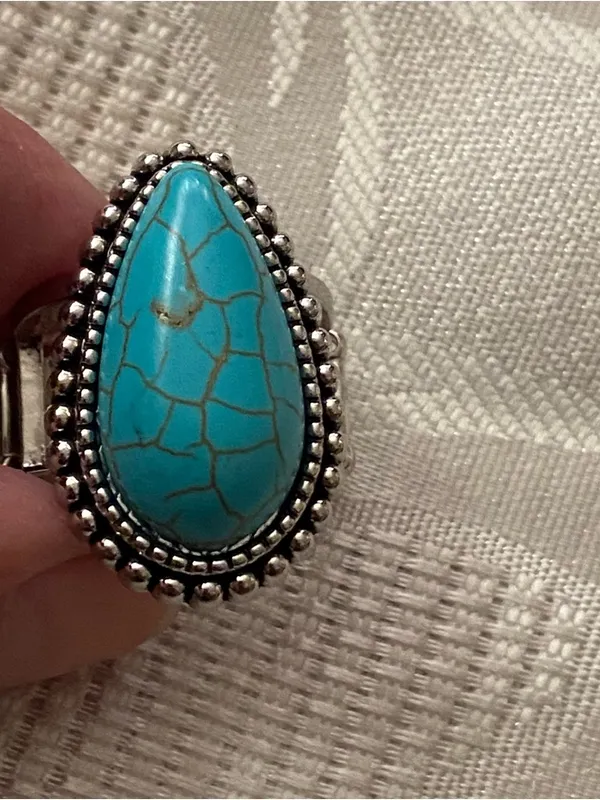 Finger Ring Faux Turquoise Teardrop Stone Silver Tone Elastic Band 7 8 Western - Image 2