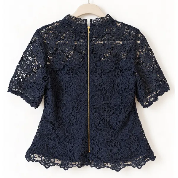 Nanette Lepore Lace Top Womens Size M Navy Blue Mock Neck Zipper Back Coquette - Image 3