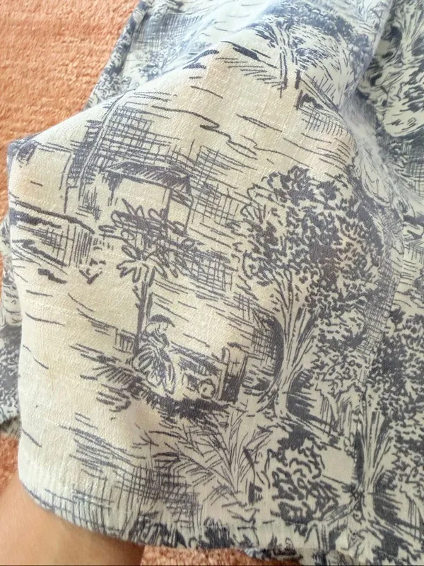 Made Gray & White Toile Print Dress Size S Off Shoulder Bell Sleeve - Image 6