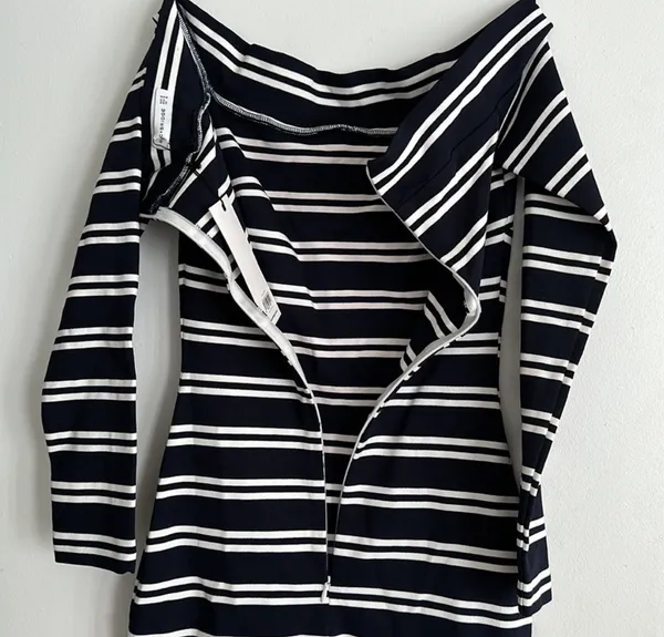 Bec & Bridge Striped Off The Shoulder Bodycon Dress Navy and White - Image 4