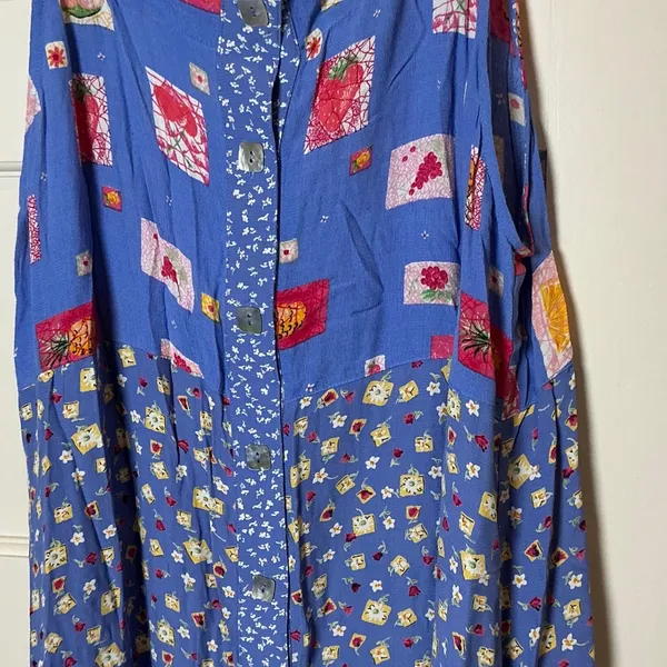 Vintage Twyla Blu Petite L Blue Fruit Floral Rayon Maxi Jumper Dress 90s Whimsy - Image 2