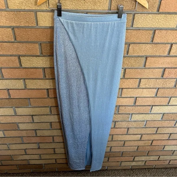 NWT NAKED WARDROBE On The Glow Skirt In Blue Glitter Maxi Slit Size Small - Image 2
