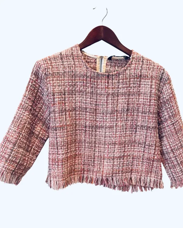 Zara Pink Tweed Top Blouse Zip Back Plaid Fringe Preppy M White Gray Cropped - Image 4