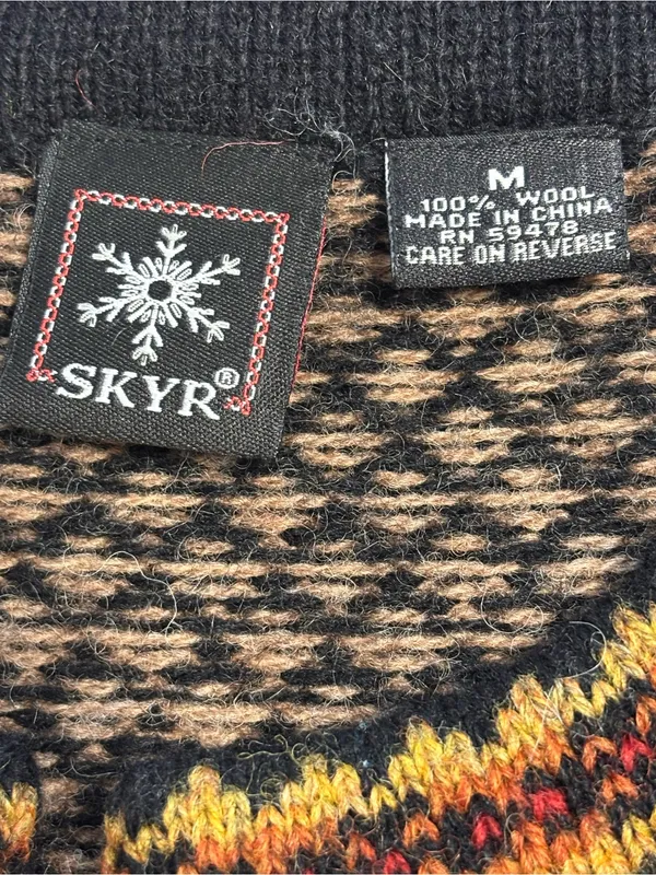 Vintage Skyr 100% Wool Nordic Fair Isle Cardigan Sweater M Clasp Apres Ski Brown - Image 4