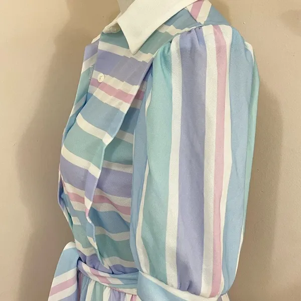 Vintage 70’s Jenny Petite Pastel Pink/ Blue Striped Midi Shirt Dress S - Image 2