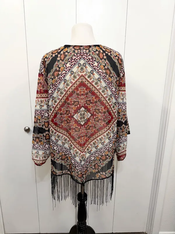 Xhilaration Floral Boho Kimono Cardigan Sheer Fringe Hem Size Large - Image 4
