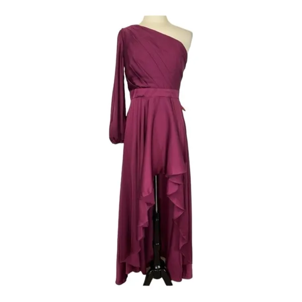 Mac‎ Duggal High Low One Shoulder Flowy Gown Maxi Dress 49141 Berry Size 8 NWT - Image 5