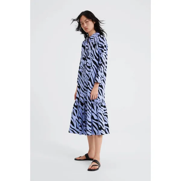 Zara Womens Dress Sz M‎ Powder Blue Black Zebra Animal Print Shirt Long - Image 2