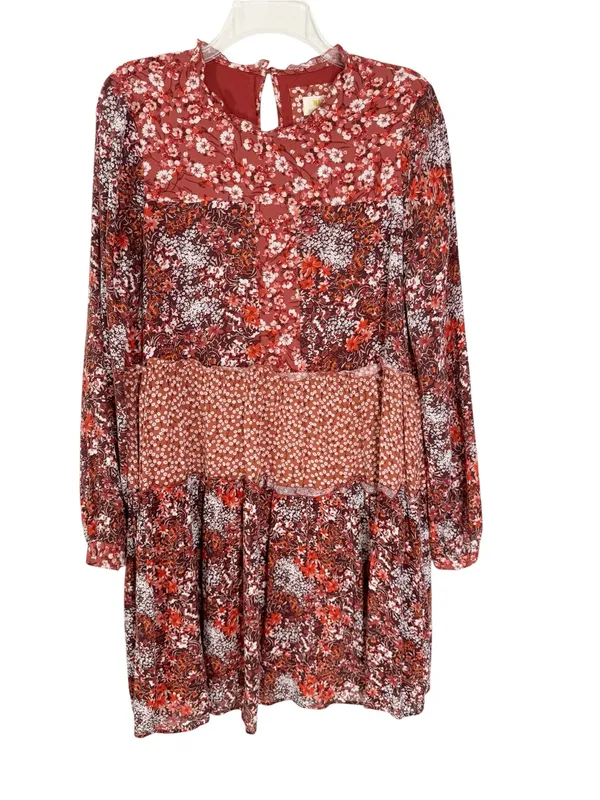 Anthropologie Maeve Esther Tiered Boho Tunic Mini Dress Red Floral Size S - Image 5