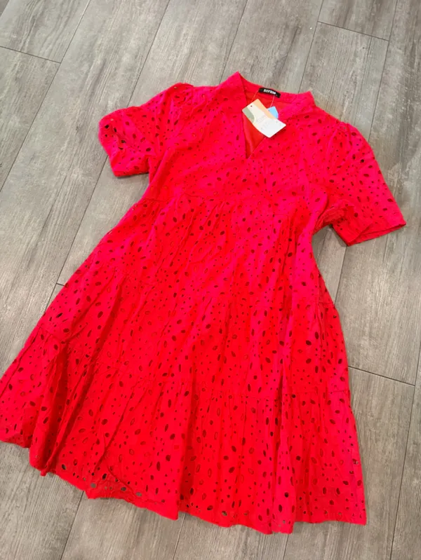V-Neck Red Eyelet Tiered Mini Dress - Image 8