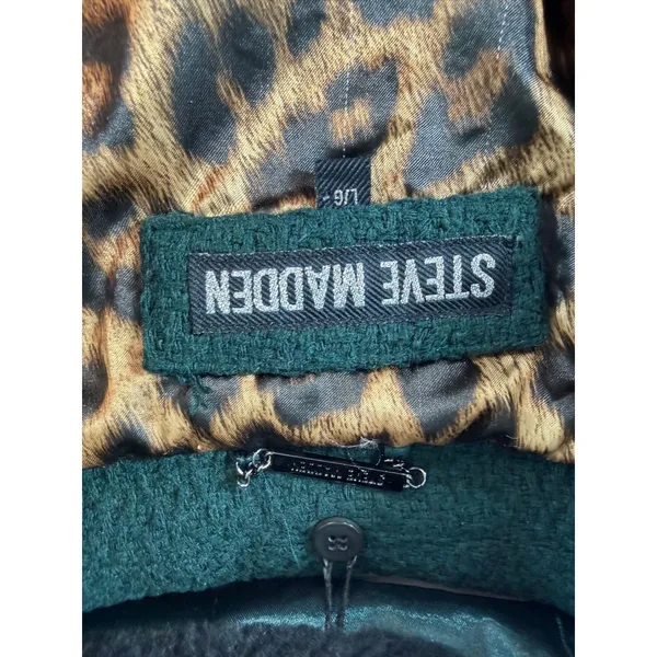 Steve Madden Womens Green Wool Blend Faux Fur Collar Leopard Lining Coat Large - Image 3