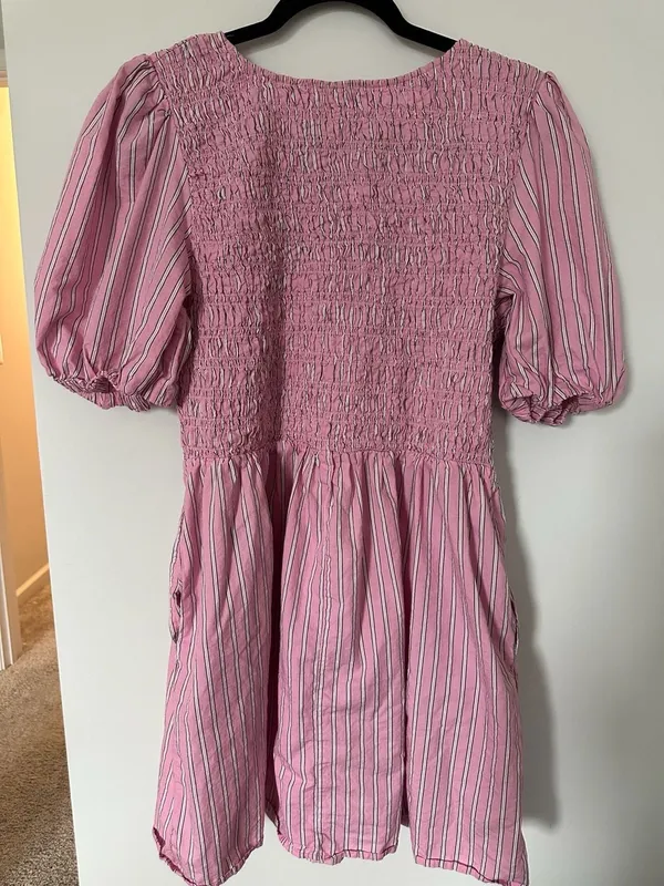 Old Navy Smocked Puff-Sleeve Flare Mini Dress Pink Striped Size L - Image 4